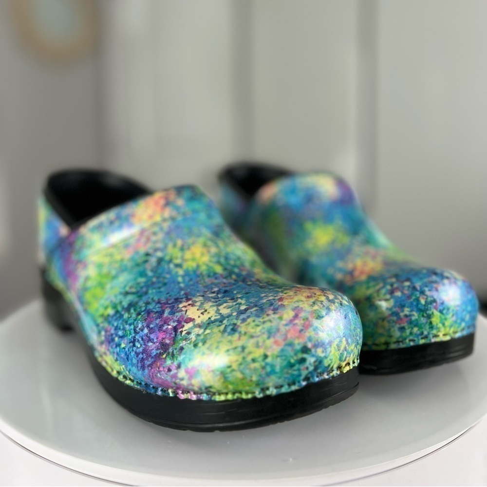 Dansko Teal Purple Pink Green Yellow Speckled Leather Clogs Size 11.5 - Picture 9 of 17
